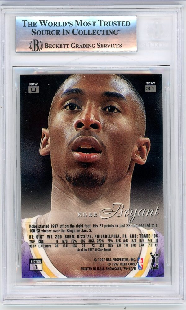 Kobe Bryant 1996 97 Flair Showcase Row 0 Rookie Card 31 BGS 8 5