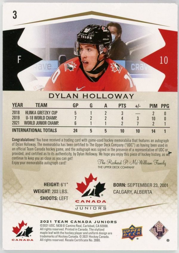Dylan Holloway 2021 UD Team Canada Premium Auto/Patch /199 #3