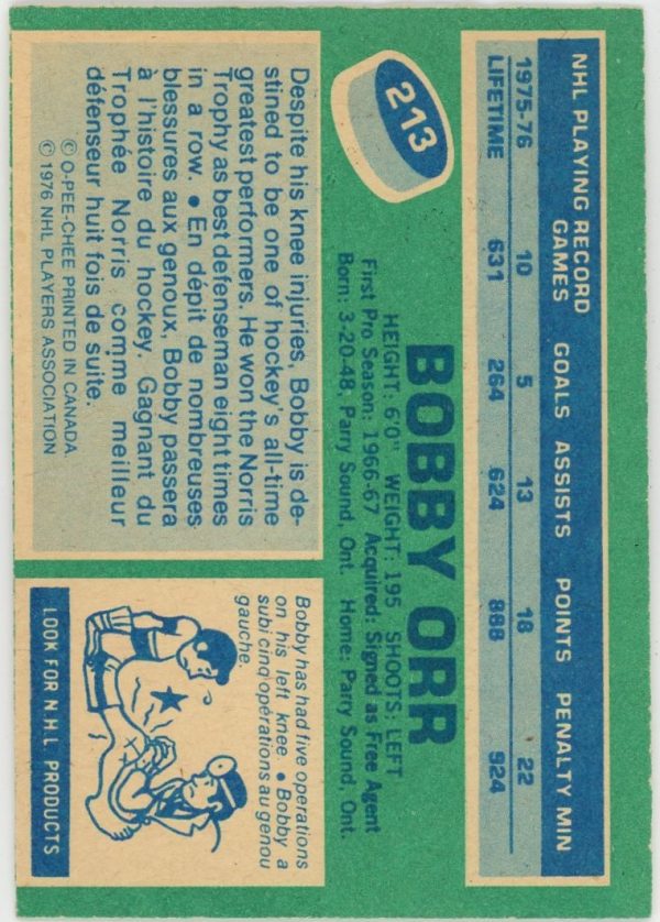 Bobby Orr 1976-77 O-Pee-Chee Hockey Card #213