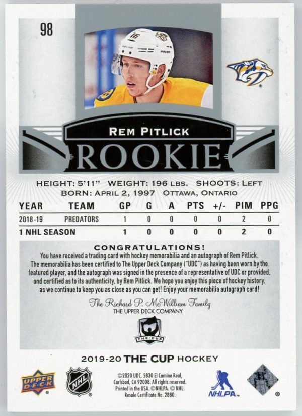 Rem Pitlick 2019-20 UD The Cup RPA /249 #98