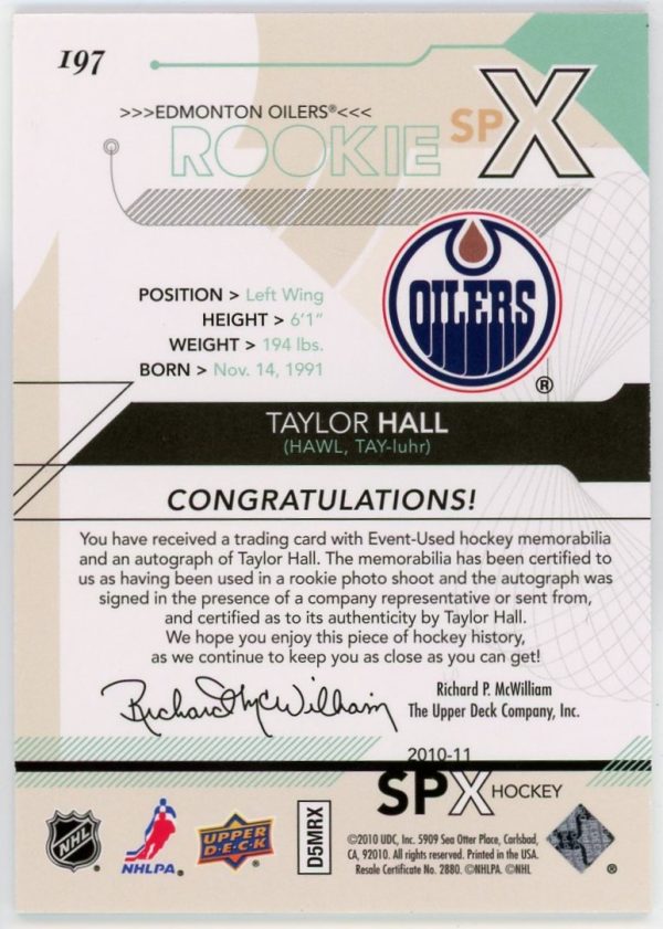 Taylor Hall 2010-11 UD SPX Rookie Auto/Patch /499 #197