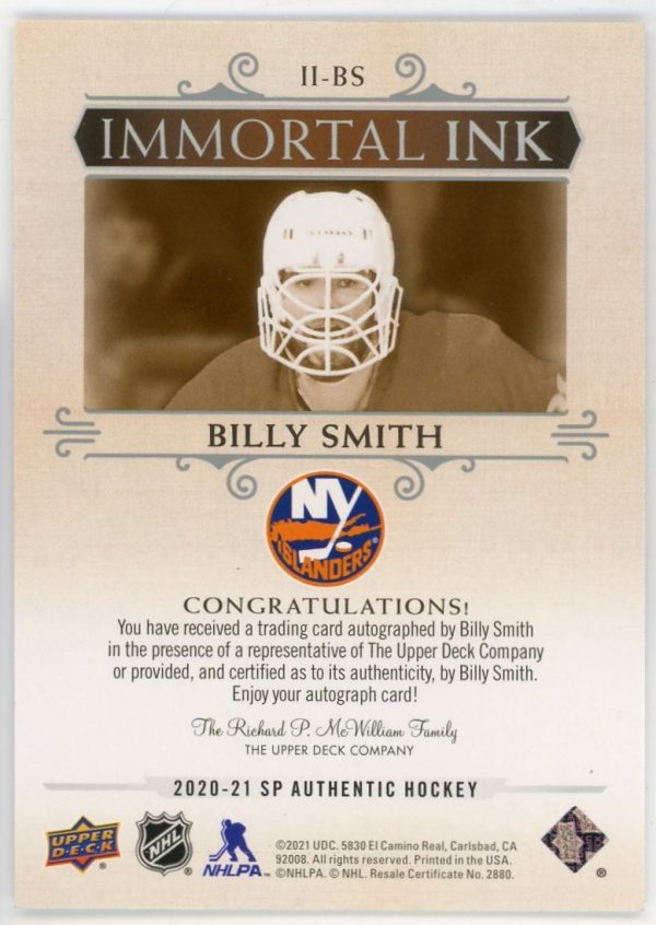 Billy Smith 2020-21 UD SP Authentic Immortal Ink /25 #II-BS