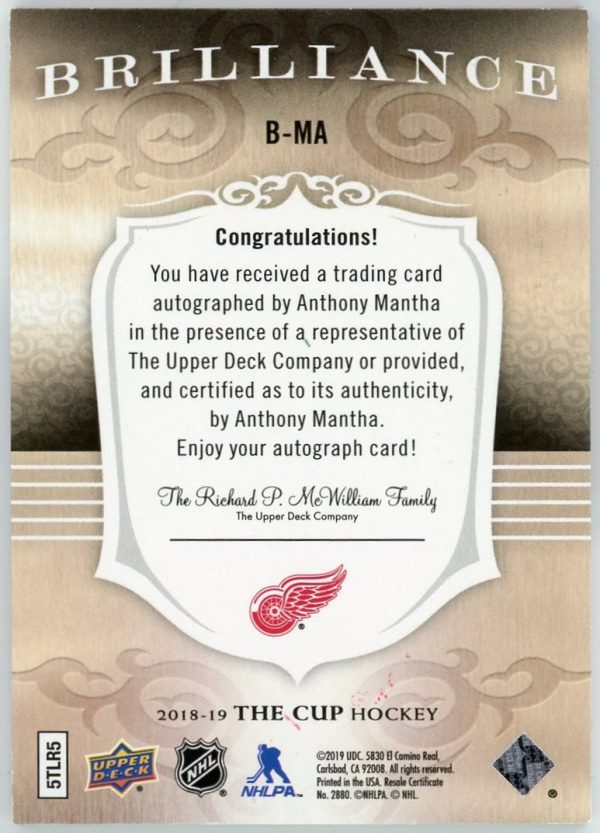 Anthony Mantha 2018-19 UD The Cup Brilliance Auto #B-MA