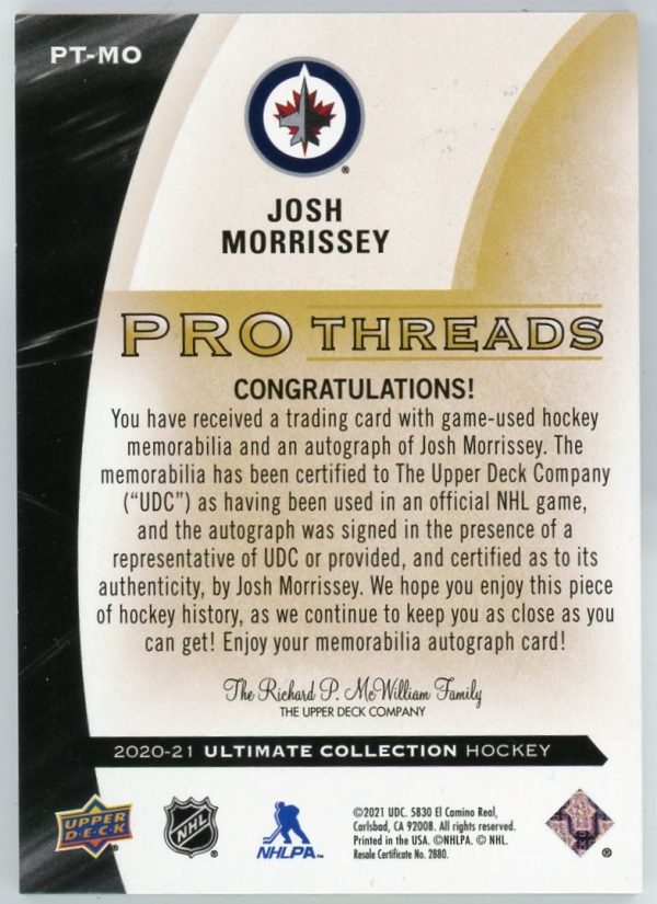 Josh Morrissey 2020-21 UD Ultimate Pro Threads Auto/Patch /49 #PT-MO