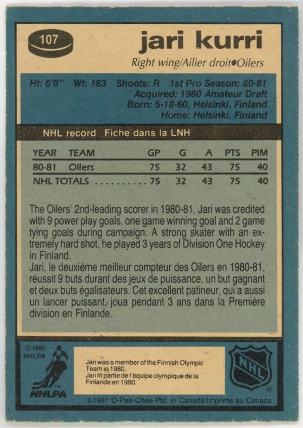 Jari Kurri 1981-82 O-Pee-Chee Rookie Card #107
