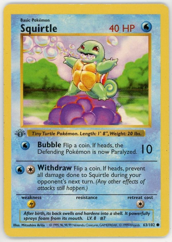 Squirtle Pokemon 1ST Edition Base Set Shadowless 63/102