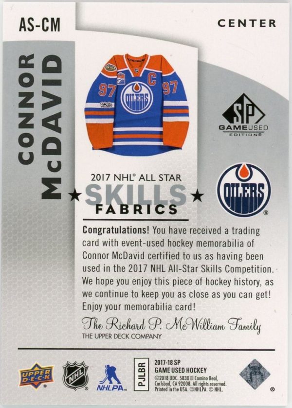 Connor Mcdavid 2017-18 UD SP Game Used A.S. Skills Fabrics Jersey Card #AS-CM