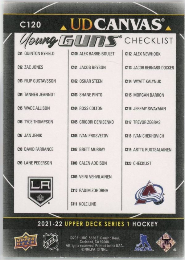 Byfield, Newhook 2021-22 UD Series 1 Young Guns Canvas Black Checklist #C120 SP