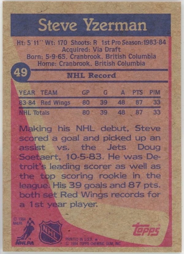 Steve Yzerman 1984-85 Topps Rookie Card #49