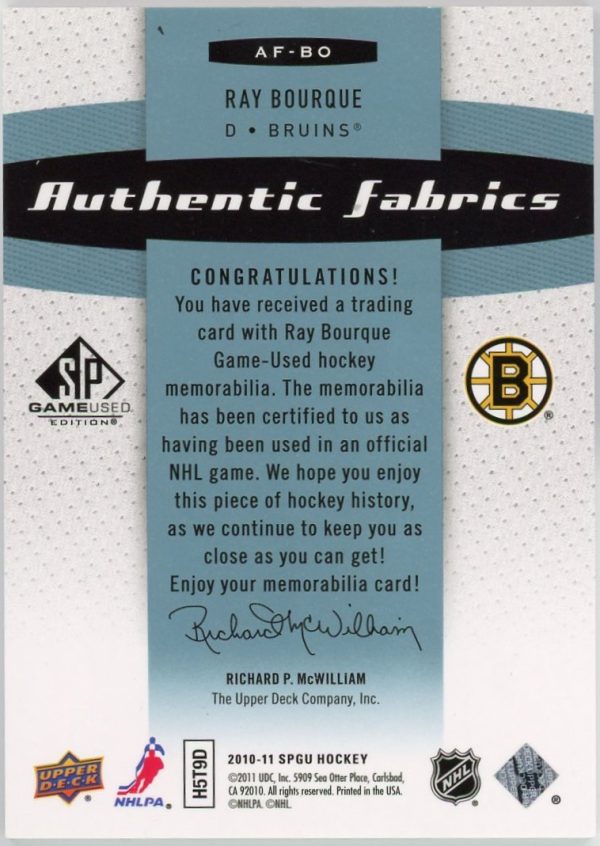 Ray Bourque 2010-11 UD SP Game Used Authentic Fabrics Patch /35 #AF-BO