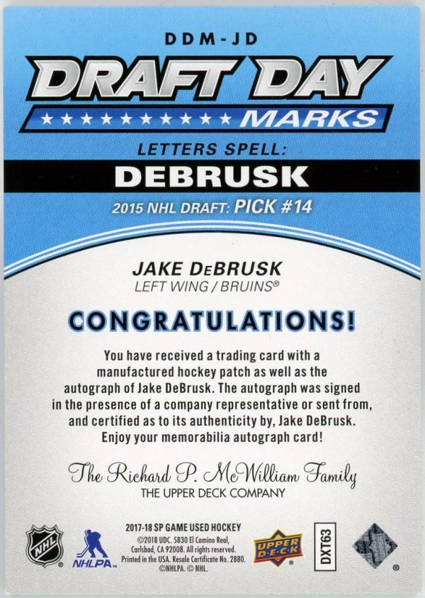 Jake Debrusk 2017-18 UD SP Game Used Draft Day Letter Marks /35 #DDM-JD