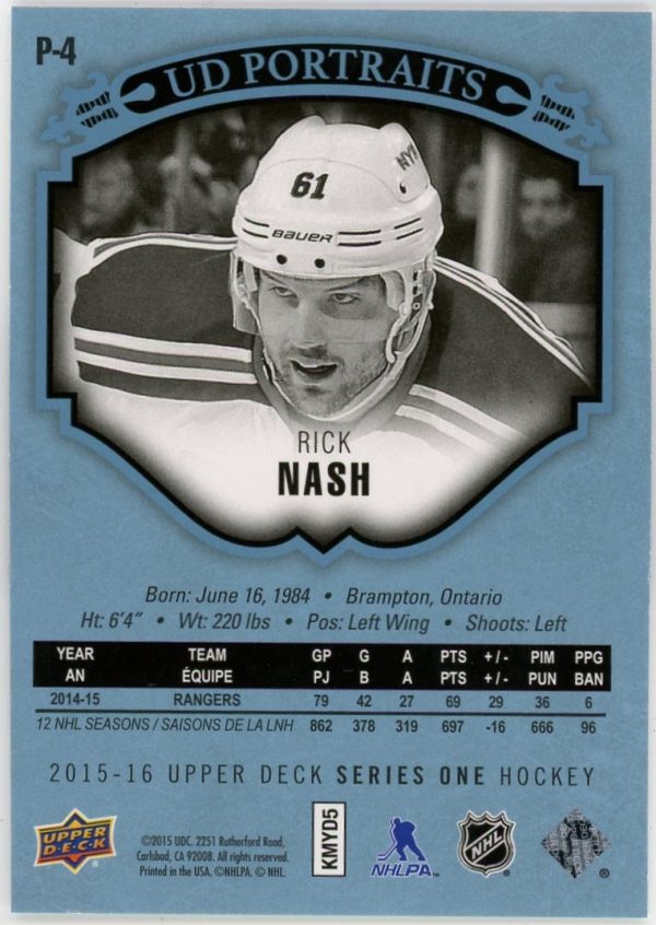 Rick Nash 2015-16 Upper Deck Series 1 Platinum Blue Portraits /5 #P-4 RARE!