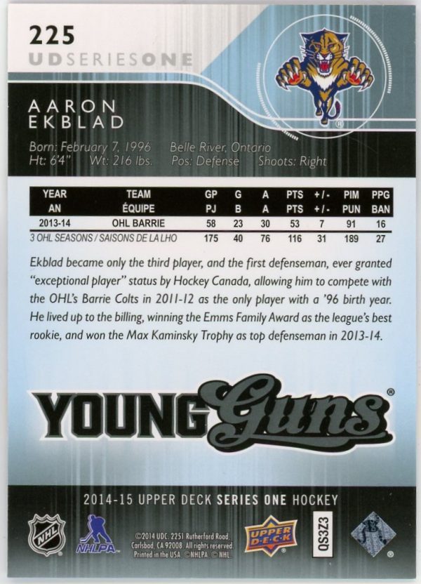 Aaron Ekblad 2014-15 Upper Deck Series 1 Young Guns #225