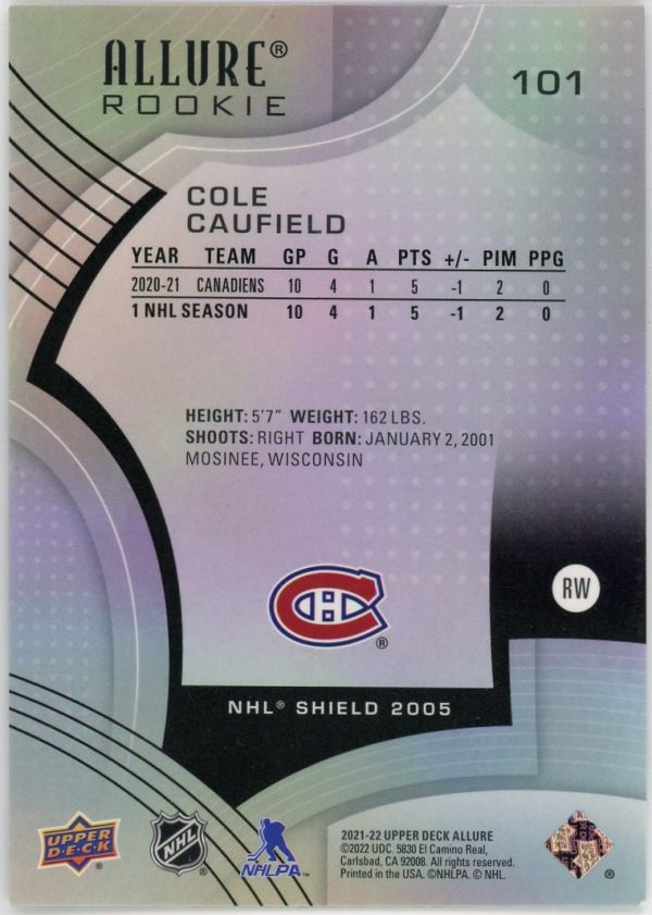 Cole Caufield 2021-22 Upper Deck Allure 2005 NHL Shield Rookie Card #101
