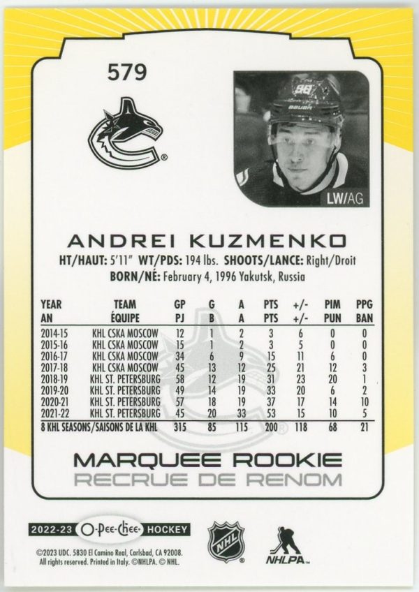 Andrei Kuzmenko 2022-23 O-Pee-Chee Marquee Rookie Yellow #579