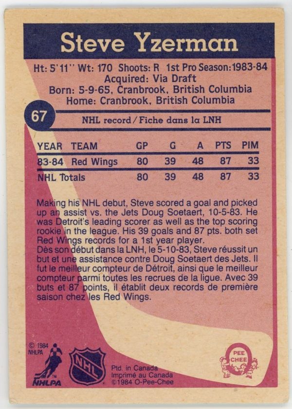 Steve Yzerman 1984-85 OPC Rookie Card #67