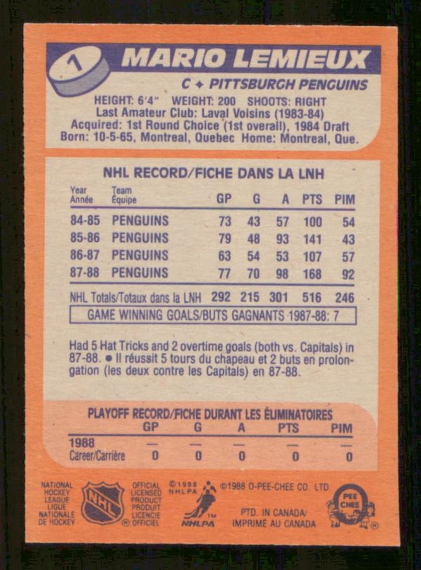 Mario Lemieux Pittsburg Penguins OPC 1988-89 Card #1
