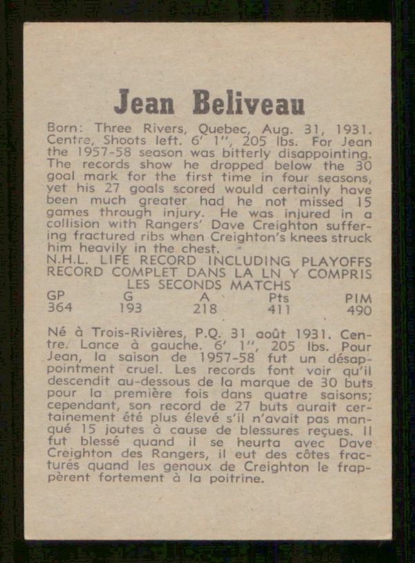 Jean Beliveau Montreal Canadiens OPC Card #34