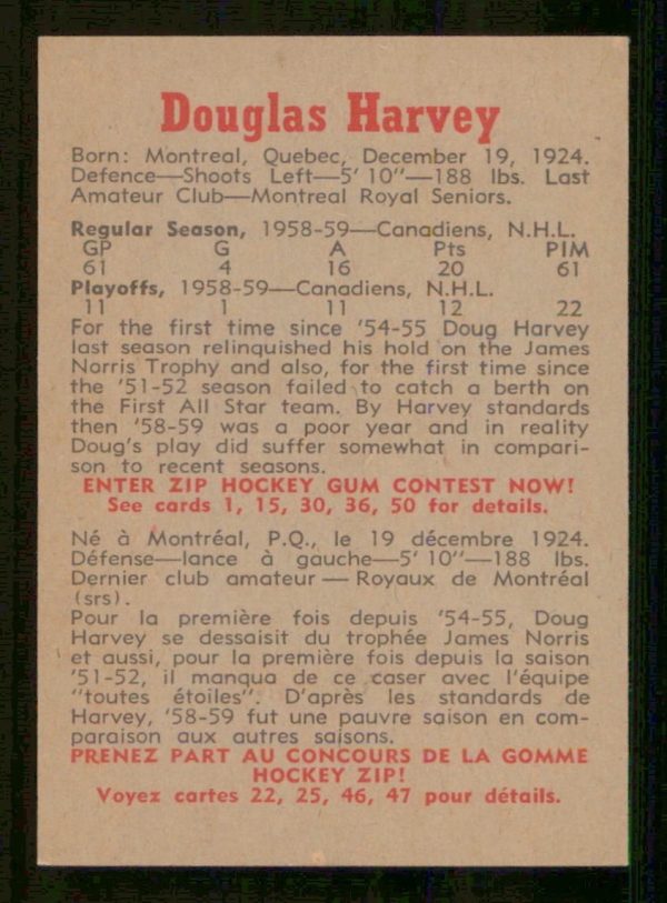 Doug Harvey Montreal Canadiens OPC 1959-60 Card #8