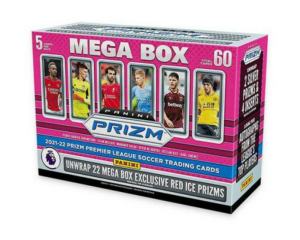 Panini presents the 2021-22 Prizm Premier League Soccer mega box! This box includes 12 packs with 5 cards per pack. Each box may contain 22 mega box exclusive Red Ice Prizms! Each box may also contain 2 Silver Prizms & 4 Inserts. Be on the look out for Autographs from the league's top players! Each Mega Box Contains: • 5 Cards per Pack • 12 Packs per Box