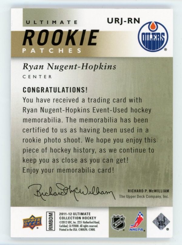 Ryan Nugent-Hopkins 2011-12 Ultimate Rookie Patches 40/65 RC #URJ-RN