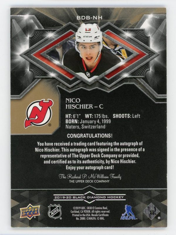 Nico Hischier 2019-20 Black Diamond Pure Black Auto 01/99 #BDB-NH