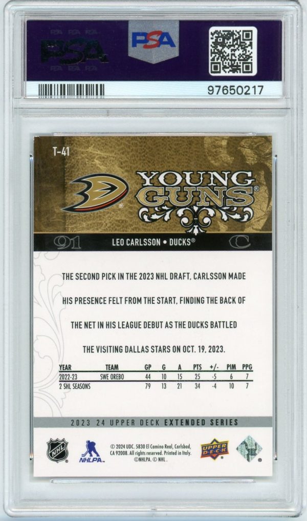 Leo Carlsson 2023-24 Upper Deck '08-09 Retro Young Guns RC #T41 PSA 9