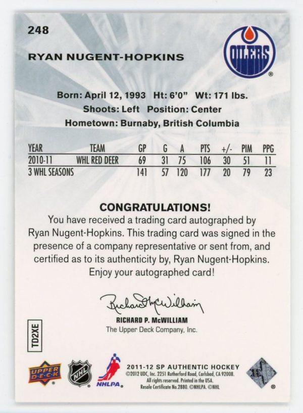 Ryan Nugent-Hopkins 2011-12 SP Authentic Future Watch Auto 474/999 #248