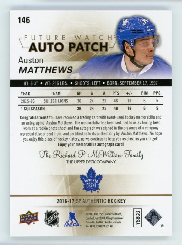 Auston Matthews 2016-17 SP Authentic Future Watch Auto Patch 050/100 #146