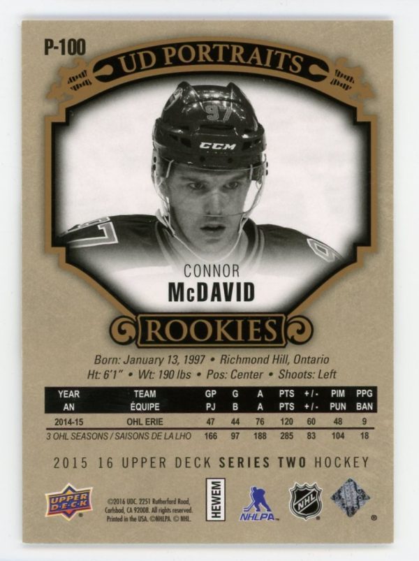 Connor McDavid 2015-16 Upper Deck Portraits Rookies Gold 16/99 RC #P-100