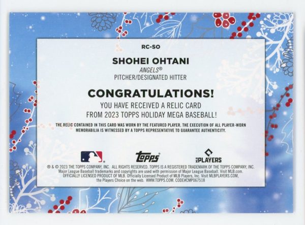 Shohei Ohtani 2023 Topps Holiday Mega Player-Worn Jersey Card #RC-SO