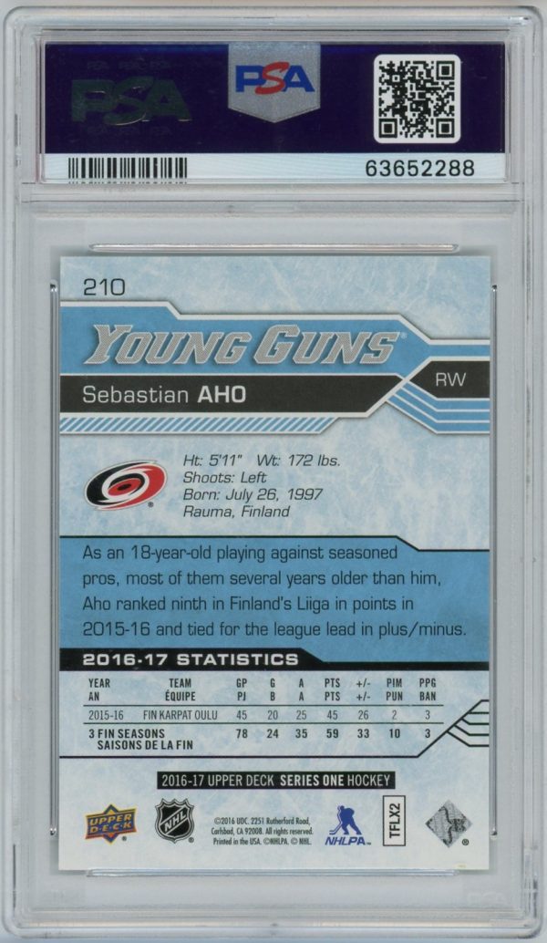 Sebastian Aho 2016-17 Upper Deck Young Guns Rookie Card #210 PSA 10