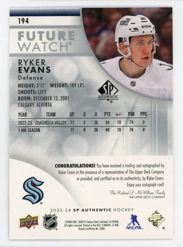 Ryker Evans 2023-24 SP Authentic Future Watch Auto 957/999 #194