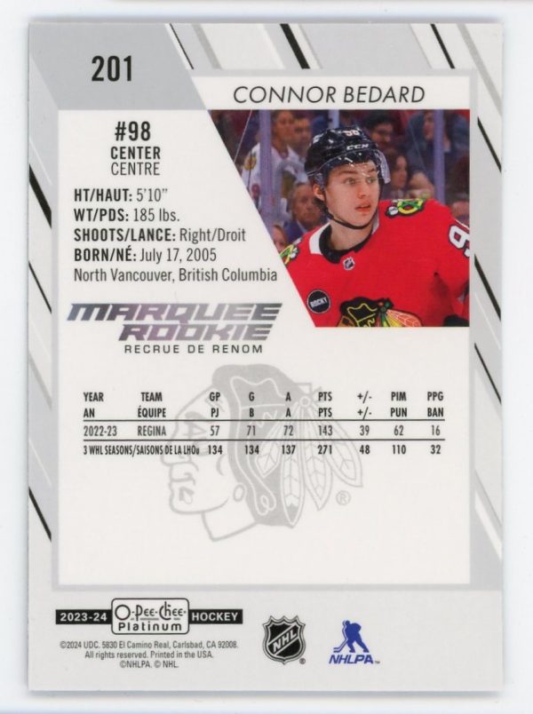 Connor Bedard 2023-24 OPC Platinum Marquee Rookie Card #201