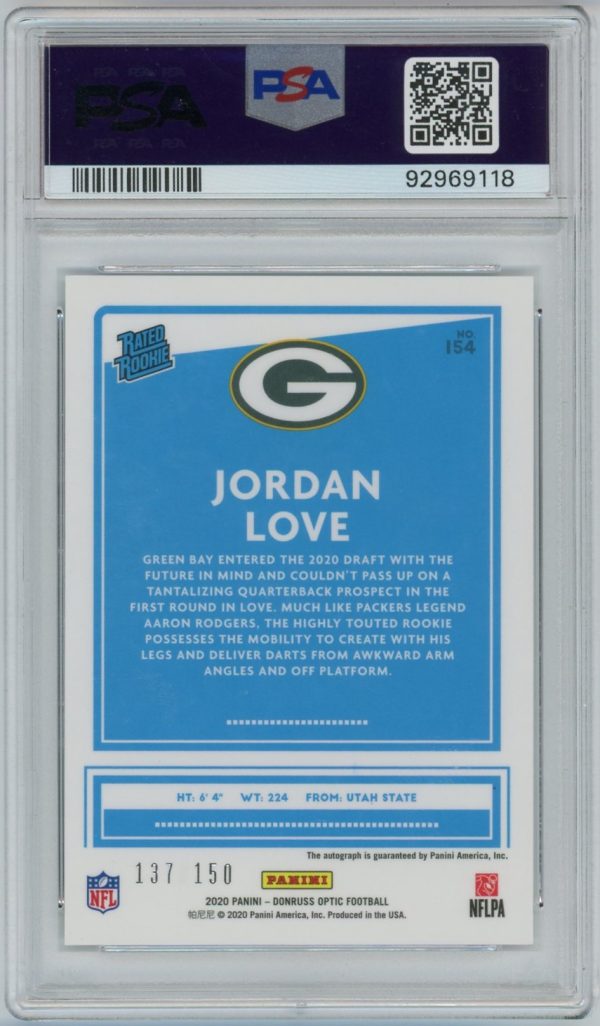 Jordan Love 2020 Panini Donruss Optic Rated Rookie Auto 137/150 #154 PSA 9