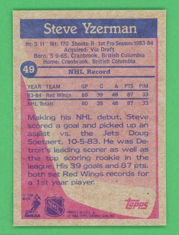 Steve Yzerman 1984-85 Topps Rookie Card #49