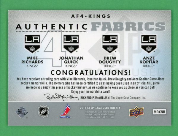 Richards/Quick/Doughty/Kopitar 2012-13 SPGU Quad Authentic Fabrics #AF4-KINGS