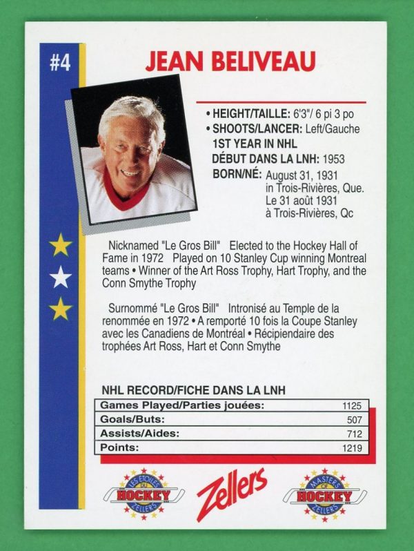 Jean Beliveau 1993-94 Zeller's Masters of Hockey Auto Card #4