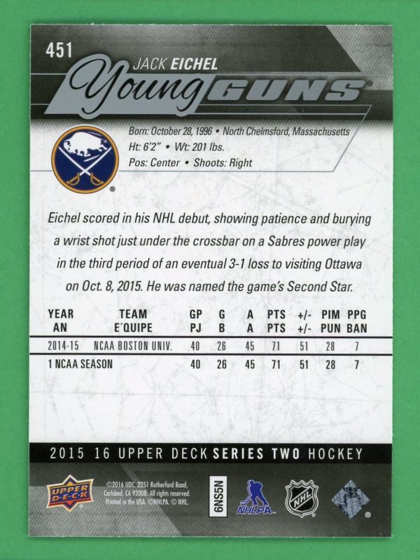 Jack Eichel 2015-16 Upper Deck Young Guns Rookie Card #451