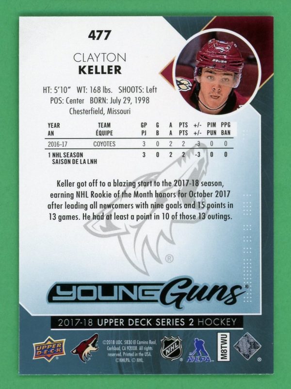 Clayton Keller 2017-18 Upper Deck Young Guns Rookie Card #477