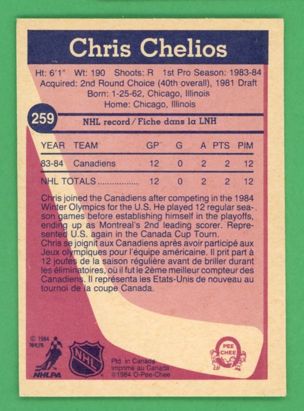 Chris Chelios 1984-85 O-Pee-Chee Rookie Card #259