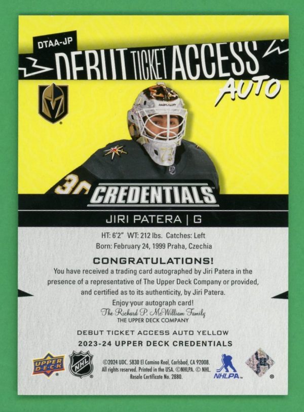 Jiri Patera 2023-24 Upper Deck Credentials Debut Ticket Access Yellow Auto 046/125 #DTAA-JP