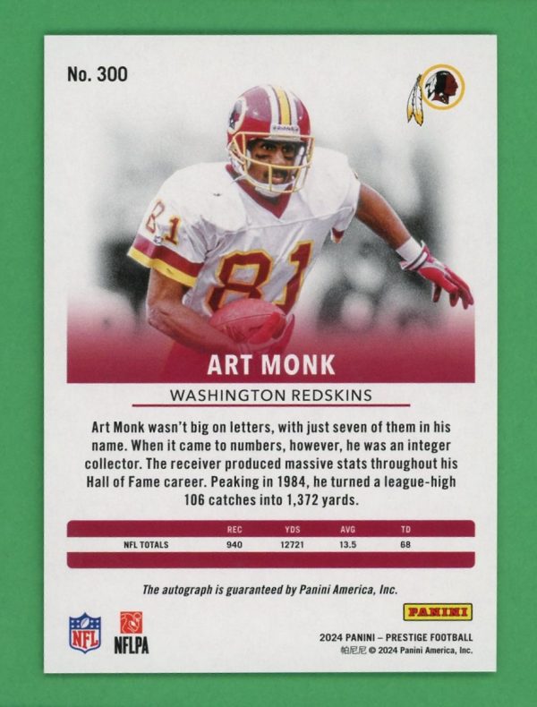 Art Monk 2024 Panini Prestige Xtra Points Platinum Auto /10 #300