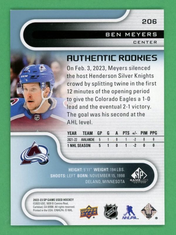 Ben Meyers 2022-23 SP Game Used Authentic Rookies True RC 16/59