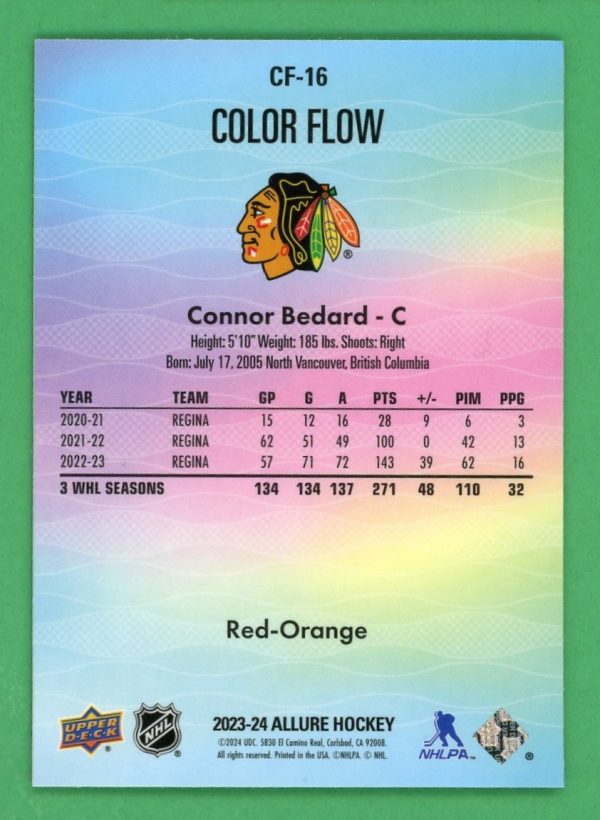 Connor Bedard 2023-24 UD Allure Red-Orange Color Flow RC #CF-16