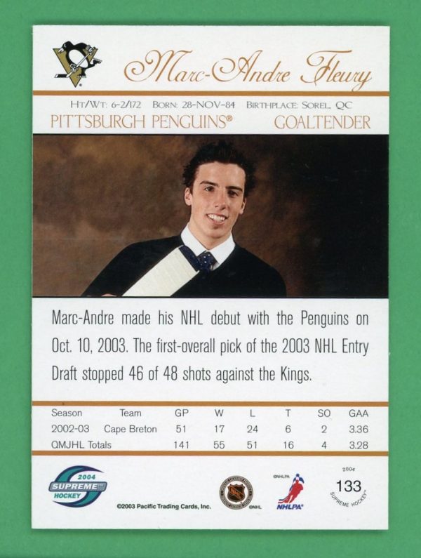 Marc-Andre Fleury 2003-04 Pacific Supreme Blue /250 Rookie Card #133