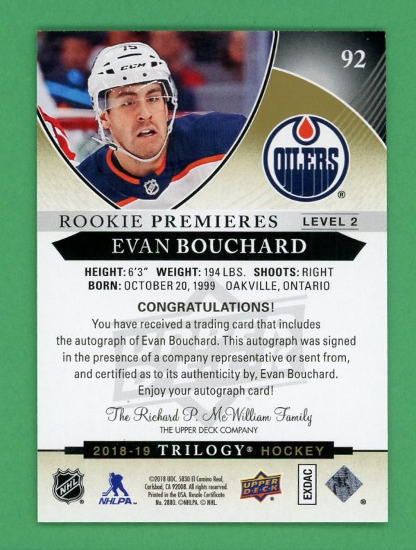 Evan Bouchard 2018-19 Trilogy Rookie Premieres Auto 100/399 #92