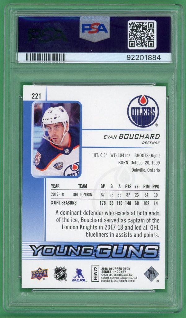 Evan Bouchard 2018-19 Upper Deck Young Guns Silver Foil RC #221 PSA 9