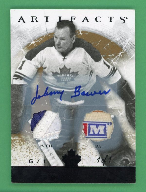 Johnny Bower 2012-13 Artifacts Black 1/1 Tag Patch Auto Card #111