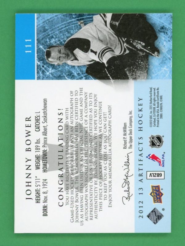 Johnny Bower 2012-13 Artifacts Black 1/1 Tag Patch Auto Card #111